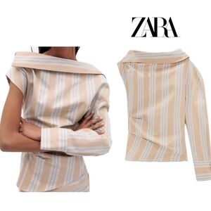 Zara beige striped asymmetrical one shoulder shirt top blouse Sz XS